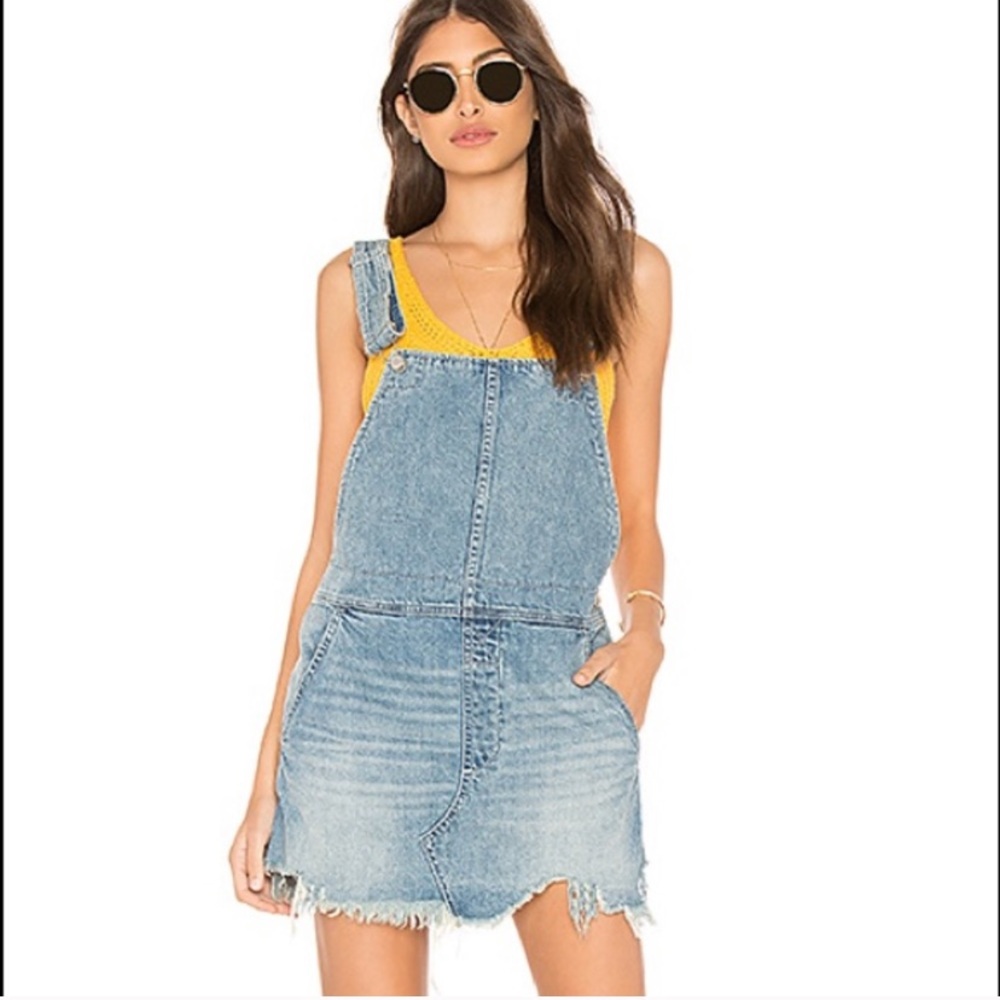 Free people torn up jumper light wash denim overalls skirt
